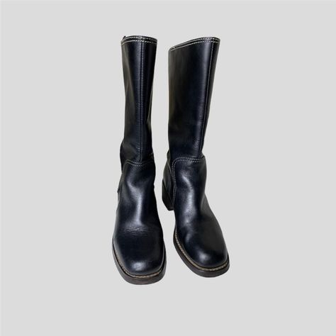 Vintage 90s Genuine Black Leather  Round Toe B;ock... - Depop Heel Knee High Boots, High Boots, Knee High Boots, Knee High, Vintage 90s, Black Leather, Boots, Leather, Black