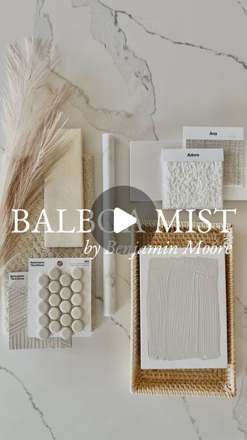 Tara Nelson on Instagram: "Balboa Mist by Benjamin Moore 🤍  If you typically do white, try Balboa Mist! This beautiful light beige (or greige) is an all time favorite of  @benjaminmoore and it is easy to see why!  This paint color can look almost white in full light but turns a beautiful warm light beige as the lighting darkens. That makes it a perfect choice for bedrooms, bathrooms, cabinetry, and just about any living space. And absolutely a stunner for exteriors!  I like to pair it with Benjamin Moore Simply White or Chantilly Lace. Beautiful bright whites that allow Balboa Mist to really show off!  Would you use this color in your home? Let me know what you think!   Photo via: plan-home.com Photo via: plan-home.com Photo via: Pinterest.com Photo via: plan-home.com Photo via: homebunch Bm Athena, Balboa Mist Cabinets, Balboa Mist Benjamin Moore, Benjamin Moore Simply White, Balboa Mist, Greige Paint Colors, Greige Paint, Diy Kitchen Countertops, Benjamin Moore Paint