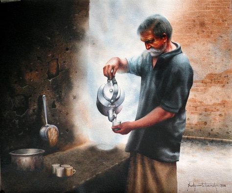 Tea Stall - Portrait/Figures Water Painting | World Art Community Tea Stall Painting, Tea Stall Drawing, Stall Drawing, Mix Drawing, Watercolour Practice, Tea Stall, Watercolor Composition, Peaceful Water, Watercolor Indian