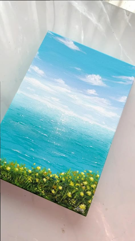 Full tutorial on youtube channel (Art Rinah) 💜 Simple Paintings For Small Canvas, Water Nature Painting, How To Draw In Canvas, Landscapes To Paint Acrylics, Canvas Watercolor Painting Ideas, Step By Step Flower Painting Acrylic, Summer Painting Tutorial, Acrylic Painting Step By Step Easy, Acrylic Painting Landscape Tutorials