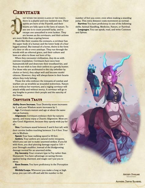 Cervitaur Character Design, Dnd Homebrew Race Cute, Different Fantasy Races, Dnd Races Homebrew, Fantasy Races List, Dnd 5e Homebrew Playable Races, Dnd Faun, Fantasy Races Concept, D&d Races Homebrew