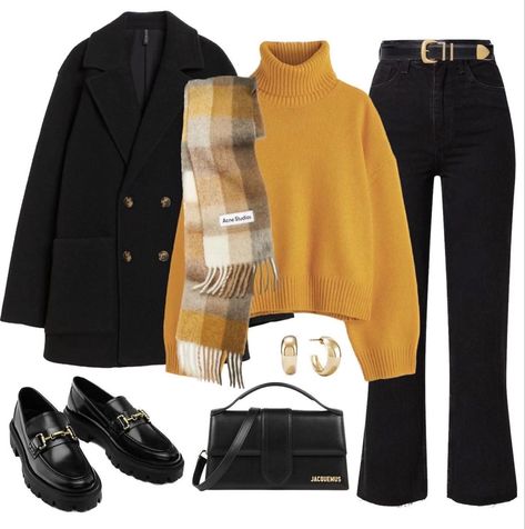 Jacquemus Earrings, Sweater Hm, Hm Jeans, Bag Jacquemus, Ideas De Outfits, Mustard Yellow Sweater, Cropped Coat, Yellow Outfit, Classy Work Outfits