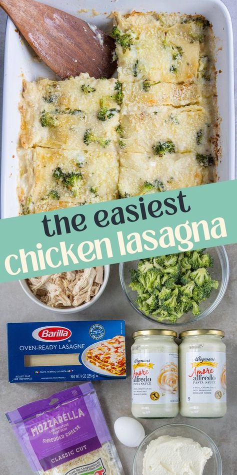 Easy Chicken Lasagna with broccoli is the perfect meal for a cozy night. It only has 7 ingredients and takes about 15 minutes to put together. Broccoli Lasagna Recipe, Easy Chicken Lasagna, Recipes With Lasagna Noodles, Cheese Alfredo Sauce, White Sauce Lasagna, Broccoli And Chicken, Chicken Lasagna Recipe, White Chicken Lasagna, Easy Suppers