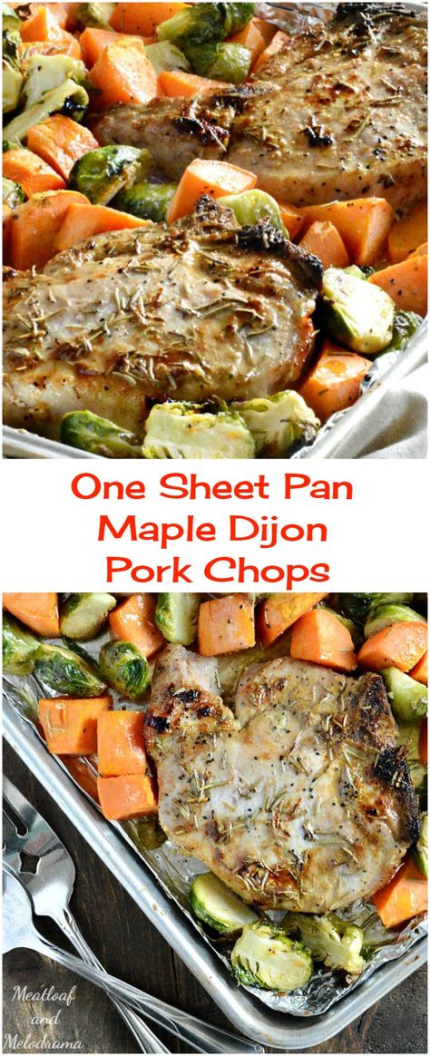 Dijon Pork Chops, Brussels Sprouts And Sweet Potatoes, Pan Pork Chops, Sheet Pan Suppers, Sheet Pan Dinners Recipes, Baked Pork Chops, Pan Recipes, Paleo Dinner, Fall Dinner