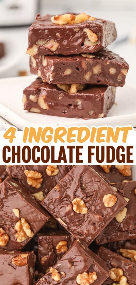 4 Ingredient Fudge is a simple and delicious condensed milk chocolate walnut fudge recipe. 4 Ingredient Fudge, Chocolate Walnut Fudge Recipe, Fudge Recipe Condensed Milk, Sweetened Condensed Milk Fudge, Microwave Chocolate Fudge, Fudge With Condensed Milk, Walnut Fudge Recipe, 2 Ingredient Fudge, Chocolate Walnut Fudge