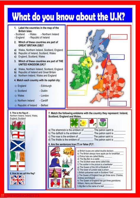 What do you know about the UK? - Interactive worksheet English Primary School, English Day, Teaching Geography, English Worksheet, English Exercises, A Worksheet, English Classroom, English Activities, English Reading