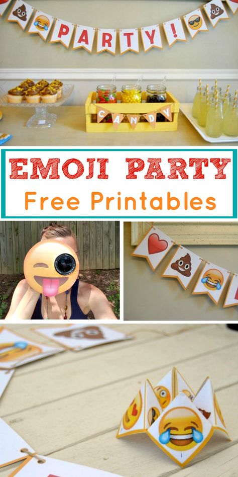 Look no further for Emoji party ideas! This is a theme that is fun for all, and the emoji party package is perfect to use at your next celebration. Use our FREE printables and throw a low-cost emoji party of your own with the use of Emoji bunting, cootie catcher and camera lens buddy. They are the perfect answer to DIY birthday party preparation. Emoji Party Ideas, Party Emoji, Emoji Craft, Teenager Party, Ideas Birthday Party, Free Emoji, Emoji Birthday Party, Emoji Party, Emoji Birthday