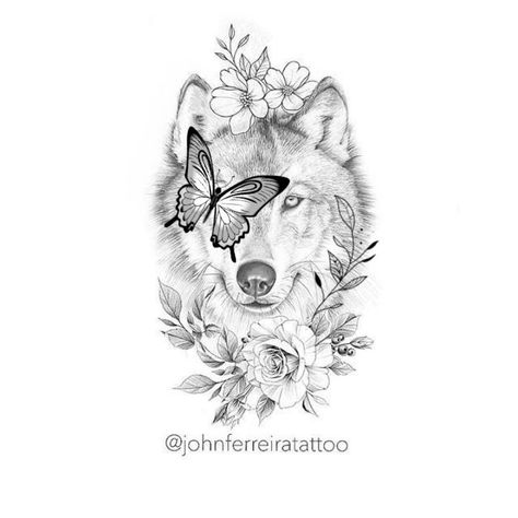 Wolf Tattoo With Butterflies, Wolf And Butterfly Tattoo For Women, Wolf Butterfly Tattoo, Wolf And Butterfly Tattoo, Floral Wolf Tattoo, Feminine Wolf Tattoo Design, Husky Tattoo, Wolf Tattoos For Women, Hamsa Tattoo Design