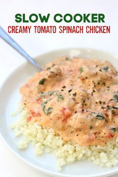 Slow Cooker Creamy Tomato Spinach Chicken—chunks of chicken smothered in a flavorful cream cheese and tomato sauce and then served over noodles, potatoes or rice. Chicken Cream Cheese Recipes Instant Pot, Cream Cheese And Tomato, Crockpot Recipes Mexican, Chicken Smothered, Chicken Crockpot Recipes Healthy, Spinach Chicken, Tomato Spinach, Cheese And Tomato, Chicken Crockpot Recipes Easy