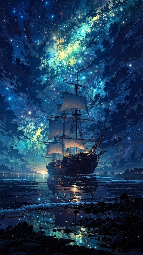 Sea Of Stars Wallpaper, Ghost Ship Art, رسم كاريكاتير, Sea Of Stars, Stars Wallpaper, 2160x3840 Wallpaper, Dreamy Artwork, Pop Art Wallpaper, Art Gallery Wallpaper