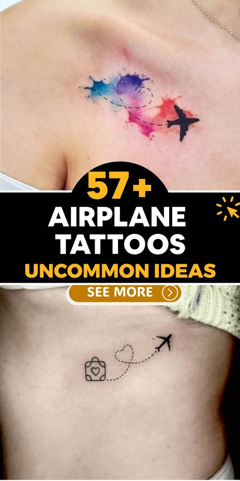 Experience the exhilaration of adventure and freedom with breathtaking airplane tattoos that embody wanderlust. Whether you are a seasoned voyager or yearn to explore new horizons, these tattoos serve as a symbol of your fascination with discovery. Select from classic airplane motifs, simple silhouettes, or detailed aviation designs to showcase your enthusiasm for the boundless skies. Small Tattoos Airplane, Love To Travel Tattoo, Tattoo For Travel Lovers, Tiny Airplane Tattoo, Ecg Tattoo, Travel Inspired Tattoos, Paper Airplane Tattoo, Air Force Tattoo, Paper Airplane Tattoos