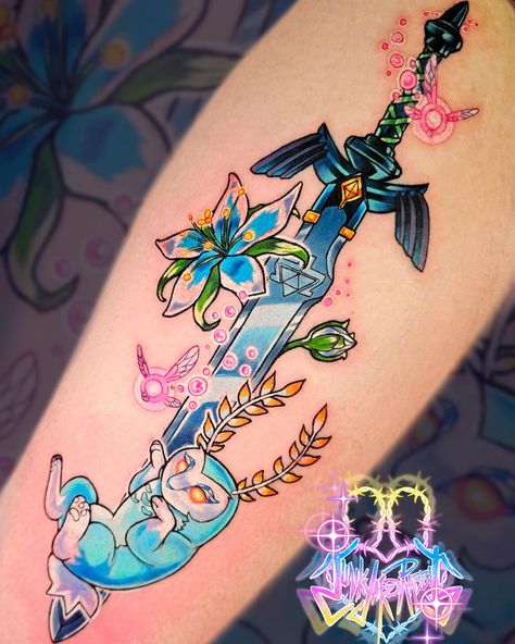 ✨Australian Anime Tattoo Artist from Maitland, NSW✨ Had the best time doing this Master Sword and Blupee on the thigh for the always wonderful @terribbakes yesterday! Thanks for always having fun sessions and ideas 💖💖 ______________________ Books always open! Booking form link can be found in the links in my bio. ————————————— Done with: 💖 @inkjecta ✨ @starbritecolors 💖 @emalla.official ✨ @metalfingers.com.au 💖 @inkeeze ✨ @inknurse - - - #zelda #mastersword #zeldatattoo #masterswordtattoo #... Mastersword Zelda Tattoo, Master Swordsman Zelda Tattoo, Zelda Tattoo Design, Anime Tattoo Artist, Legend Of Zelda Tattoo, Link Tattoo, Shin Tattoo, Zelda Tattoo, Gamer Tattoos