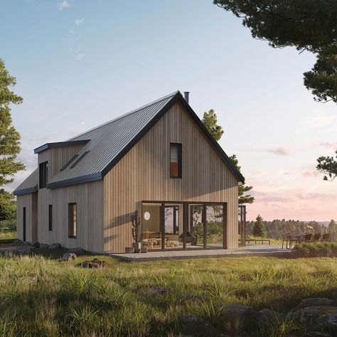 Scandinavian Farmhouse Plans, Modern Rustic Floor Plans, 3 Bedroom Modern Cabin Plans, Scandinavian Barndominium, Nordic Barndominium, Scandinavian Cabin Exterior, Passive House Floor Plans, Scandinavian Floor Plans, Scandinavian Home Plans