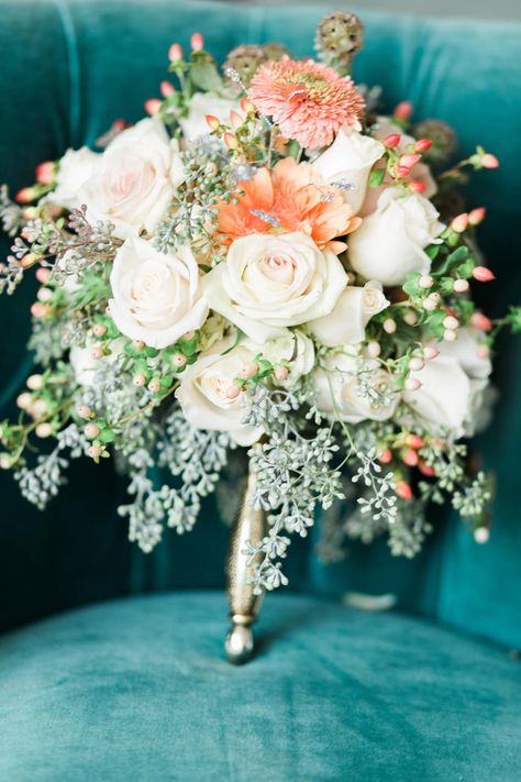 Peach & Cream Bridal Bouquet - Amy Fanton Photography | Turquoise, Coral & Gold Wedding in California Turquoise Coral Weddings, Peach Gold Wedding, Turquoise Wedding Flowers, Cream Bridal Bouquet, Apricot Wedding, Gold Wedding Bouquets, Coral Wedding Themes, Aruba Wedding, Peach Wedding Colors