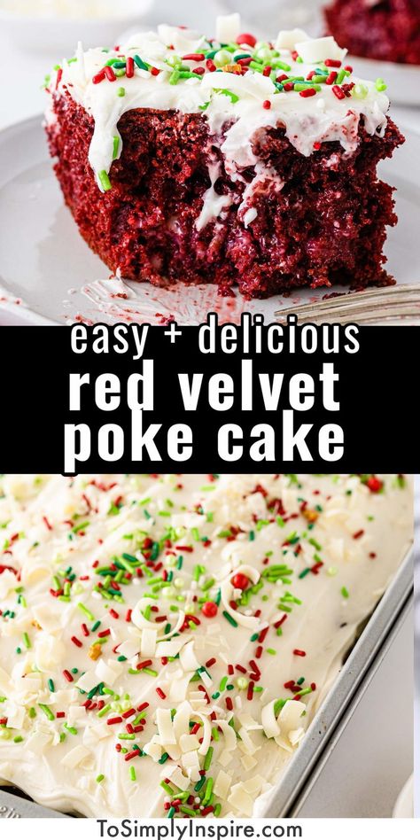 Cornbread Poke Cake, Red Velvet White Chocolate Cake, Red Velvet Poke Cake Easy, Poke Cake Christmas, Red Velvet Cake Trifle, Christmas Red Velvet Poke Cake Recipe, Red Velvet Poke Cake Condensed Milk, Christmas Red Velvet Poke Cake, Christmas Poke Cake Recipes