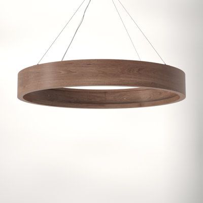 Light up the room with a beautifully rounded chandelier of wood veneer. Emitting a soft, ambient glow, stays concealed for sleekness. Size: 25" H x 48.5" W x 48.5" D, Shade Color: Dark Walnut | AllModern Lottie 1 - Light Unique / Statement Chandelier Wood in Brown | 25 H x 48.5 W x 48.5 D in | Wayfair 2 Chandeliers In Living Room, Wood Chandelier Modern Living Room, Dinning Room Chandelier Modern Wood, Mid Century Modern Wood Chandelier, Dinning Room Light Fixture, Wood Halo Chandelier, Modern Chandelier Foyer, Wood Chandelier Rustic Round, Modern Office Lighting