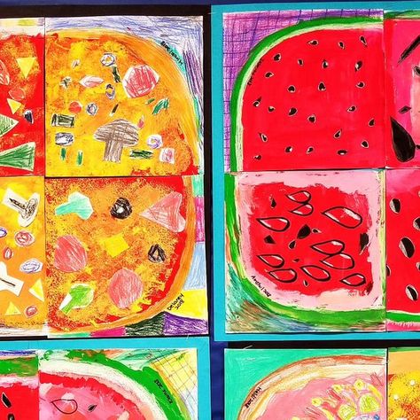 ES on Instagram: "Browsing through art from the past. These 3rd grade pictures were made for #square1art I combined them to create full pizza and watermelon. Each class chose a theme. There are some dessert pizzas here, too! Students painted, collaged, and colored the edges. I gave them tracers for the rounded shapes to start. Big slices only! 🍉🍕🍉🍕 #kidspaintings #pizzaart #watermelonart #blooming_artists #mixedmedia #foodart #pizza #watermelons #3rdgradeart #kidsart #collaborativeart #art Pizza Slice Painting, Number Art Projects, Food Themed Art Projects For Kids, Preschool Art Lessons, Dessert Pizzas, Square 1 Art, Teacher Projects, Pizza Art, Watermelon Art