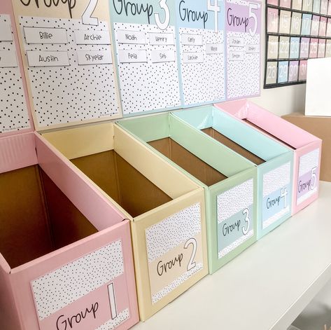 Colourful Classroom Decor, Classroom Names Ideas Teachers, Cute Pink Classroom, Pink And Gold Classroom Decor, Classroom Student Storage, Teacher Stuff For Classroom, Table Groups In Classroom, Must Have Classroom Items, Reading Classroom Decorations Elementary