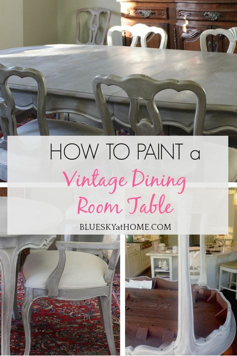 How to Paint a Vintage Dining Table. Repurposing vintage furniture with paint is a simple way to rescue old pieces. Step-by-step paint process. #blueskyathome #vintagetable #paintprojects #howtopaintavintagetable How To Redo Dining Room Table, Refinished Dining Room Table Ideas, How To Redo Dining Room Table And Chairs, Antique Dining Set Makeover, Updating Dining Room Furniture, Update Dining Room Furniture, Painting My Dining Room Furniture, Updating Dining Room Chairs, Painted Cherry Dining Room Furniture