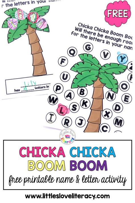 We love Chicka Chicka Boom Boom for learning about letter names & sounds. But instead of just reading this alphabet book, try these fun chicka chicka boomboom activities! Great for toddlers, preschool, pre-K & kindergarten. Includes: coconut tree craft, coconut tree snack & FREE printable. Great ideas for parents to use at home with their own littles (or for homeschool) or teachers to use in the classroom. Would also be fun for a party! #littlesloveliteracy #storytimeideas #activitiesforkids Chika Chika Boom Boom Activities, Coconut Tree Craft, Tree Crafts For Toddlers, Snacks For Kids School, Chicka Chicka Boom Boom Activities, Preschool Names, Chicka Chicka Boom Boom, Kindergarten Letters, Letter Names