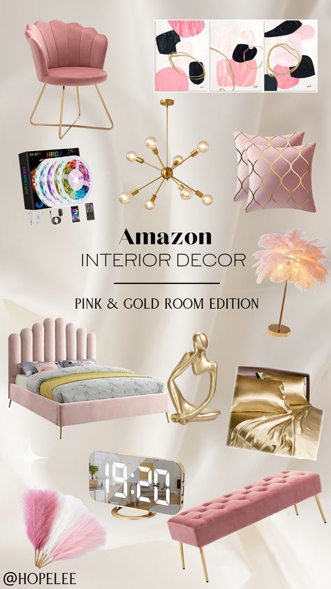 Gold Decor Living Room, Must Have Furniture, Pink Gold Bedroom, Pink And Gold Bedroom, Luxury Apartment Decor, Bedroom Finds, Gold Decorative Pillows, Furniture For Bedroom, Room Amazon