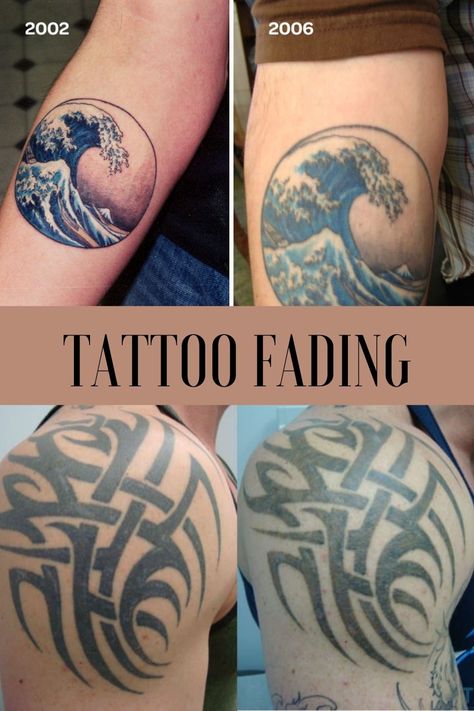 What is Tattoo Fading? - TattooGlee Aged Colored Tattoos, Aged Tattoos Old, Old Tattoos Faded, Faded Tattoos Before And After, Aged Tattoos Before And After, Faded Color Tattoo, Tattoo Styles Types Of, Fading Tattoo, Tattoo Fading