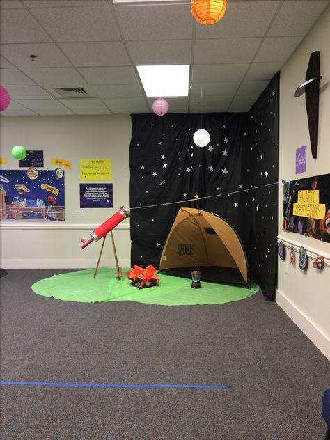 Space Theme Decorations Classroom, Space Reggio, Space Themed Classroom Ideas, Space Classroom Decor, Space Themed Classroom, Space Theme Decor, Camping Dramatic Play, Stellar Vbs, Space Theme Classroom