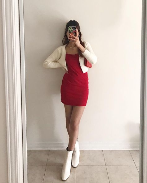 Red Dress With White Cardigan, Red Bodycon Dress Outfit Winter, Soft Girl Valentines Day Outfit, Red And White Outfit Christmas, Red Dress White Cardigan, Valentines Clothes Aesthetic, Valentines Dress For Women Classy, Red Ootd Aesthetic, Red And White Aesthetic Outfit