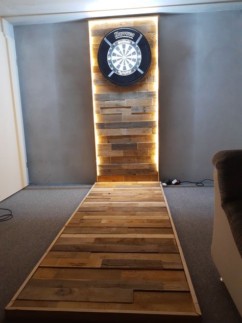 Dart Board Wall Ideas Man Cave, Home Dart Board Ideas, Dart Set Up, Dart Board Lighting Ideas, Dart Board Surround, Basement Dart Board Wall, Dart Board Wall Diy, Darts Board Ideas, Dart Room Ideas