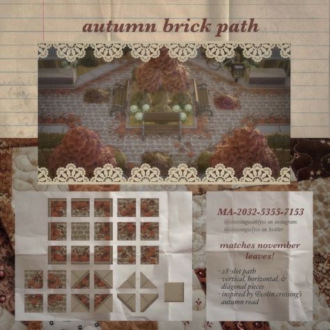 Fall Pathways Animal Crossing, Fall Pathways Acnh, Acnh Fall Road, Animal Crossing Fall Codes, Acnh Halloween Code, Acnh Halloween, Acnh Path, Acnh Cottagecore, City Theme