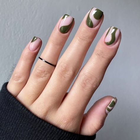 Olive Green Nail Ideas, Summer Swirl Nails, Sage Green Nails, Green Nail Ideas, Olive Nails, Swirl Nails, Nails Bright, Square Nail Designs, Green Nail Designs