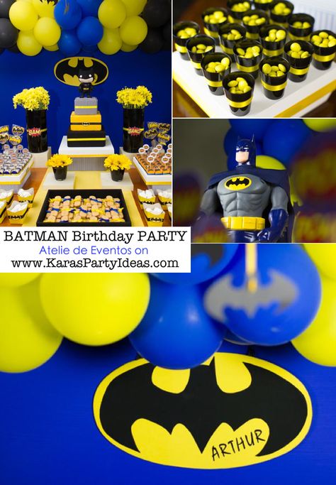 BATMAN themed birthday party via Kara's Party Ideas | KarasPartyIdeas.com Batman Party Decorations, Batman Themed Birthday Party, Batman Party Ideas, Batman Cupcakes, Batman Decor, Batman Baby, Batman Theme, Batman Cake, Batman Arkham Origins