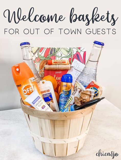 Hotel welcome baskets for out-of-town guests Welcome Baskets For Out Of Town Guests, Hotel Welcome Basket, California Gift Basket, Welcome Basket Ideas, Guest Welcome Baskets, Mini Meringues, Wedding Guest Bags, Mini Sewing Kit, Welcome Basket