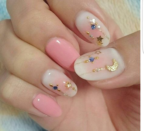 •{ lovelybunni26 }• Star Nail Designs, Violet Nails, Korean Nail Art, Korean Nails, Cute Nail, Japanese Nails, Kawaii Nails, Pink Moon, Star Nails