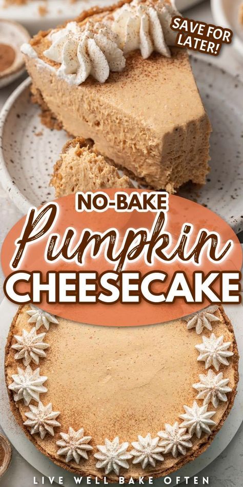 You have to try this easy and quick no-bake pumpkin cheesecake! This sweet treat is ideal for dinner parties or as a delightful coffee-time snack without the hassle of baking. Whip it up effortlessly for a delicious, no-fuss fall dessert that will satisfy your cravings. Try this now. No Bake Pumpkin, Bake Pumpkin, No Bake Pumpkin Cheesecake, Pumpkin Cheesecake Recipes, Pumpkin Desserts, Whip It, Pumpkin Recipes Dessert, Pumpkin Flavor, Fall Dessert