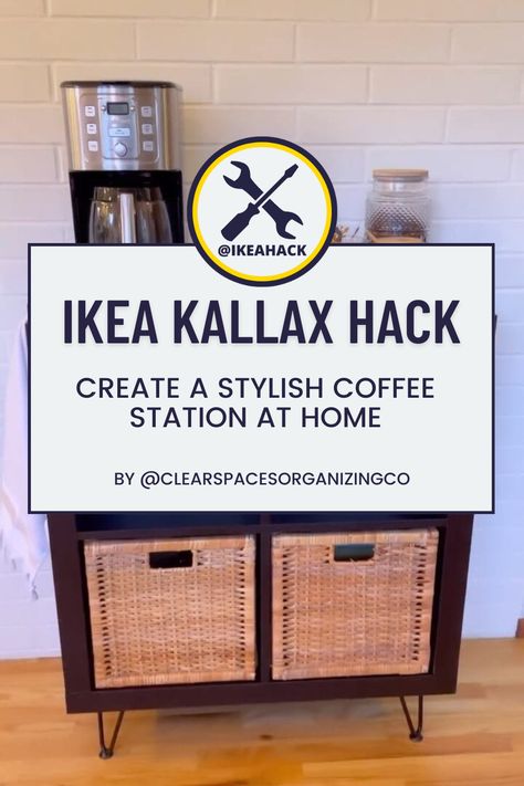 Kallax Ikea Coffee Station, Kallax Apothecary, Ikea Kallax Wine Rack, Ikea Kallax Vinyl, Brown Ikea Kallax, Organized Coffee Station, Kallax Hack, Coffee Zone, Ikea Kallax Hack