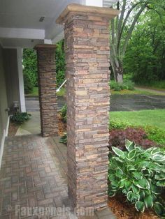 Front Porch Stone Columns, Front Porch Stone, Porch Pillars, Front Porch Columns, Column Wraps, Faux Stone Panels, Faux Panels, Porch Remodel, Porch Columns