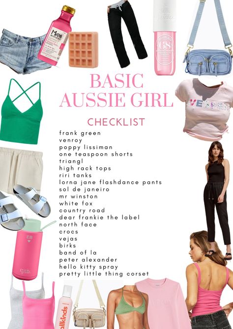 sol de janeiro, vesper, allkinds, preppy, australia basic aussie girl checklist, venroy, frank green, mr winston, venroy, poppy lissiman, one teaspoon, crocs, vejas, north face, bands of la, peter alexander, hello kitty, spray, basic aussies, aussie girl, basic aussie, kids, basic, skincare, clothes Aussie Girl Outfits, Basic Aussie Girl, Basic Aussie, Aussie Girl, Basic Girl Outfit, One Teaspoon Shorts, Basic Girl, Christmas Decorations For Kids, Basic Nails