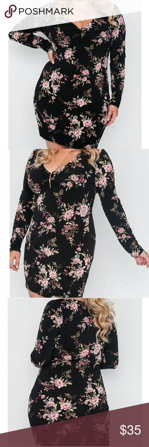 PLUS Black Floral V Neck Bodycon Mini Dress Sexy floral bodycon dress for date night. With long sleeves and shirred detailing at the bust you'll have heads turning the whole night.   95% Polyester 5% Spandex  All measurements are approx laid flat.  1X:  L 34" W 16.5" B 20" 2X: L 34" W 17.5" B 21" 3X : L 34" W 19" B 22"  *Thank you for checking out my closet.*                   ♡Brandy Bro♡  B4 Brandy Bro Boutique Dresses Mini Dress For Date Night, Dress For Date, Floral Bodycon Dress, Floral Bodycon, Bodycon Floral Dress, Boutique Dresses, Bodycon Mini Dress, Black Floral, Brandy