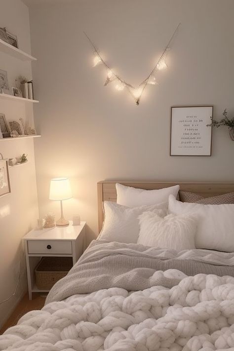 Bedroom Inspo Minimalist Comfy, Cozy Winter Room Aesthetic, Aesthetic Bed Ideas Cozy, Aethstetic Rooms Ideas, Room Inspo Lights, Cozy Bedding Aesthetic, Cosy White Bedroom, Cozy Light Bedroom, White Beige Room