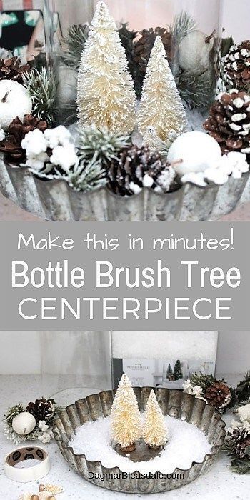 This is so easy! Bottle brush tree decor centerpiece, DagmarBleasdale.com #bottlebrushtrees #diy #christmas #homedecor #diyhomedecor #home #decor #winter #christmasdecor #farmhousestyle #farmhousestyle #vintage Bottlebrush Tree Centerpiece, Bottle Brush Tree Decor, Brush Tree Decor, Simple Centerpieces Diy, Tin Candle Holders, Hometalk Diy, Home Decor Winter, Christmas Displays, Pie Tin