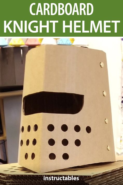 Diy Knight Helmet Cardboard, Diy Knight Decoration, How To Make A Helmet Out Of Cardboard, Diy Knights Helmet, Easy Knight Helmet Diy, Cardboard Armor Diy How To Make, Homemade Knight Costume, Easy Knight Costume, How To Make A Helmet