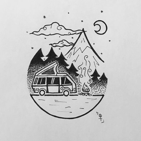 Doodle drawing dessin géométrique geometric draw camping vw van feu de camp montagne forêt pointillisme points Micron Pen Art, Camping Drawing, Climbing Art, Kunstjournal Inspiration, Travel Doodles, Bullet Journal Banner, Nerdy Shirts, Bullet Journal Cover Ideas, Mountain Drawing