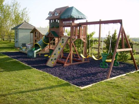 Big play area! Playground Landscaping, Backyard Playset, Kids Backyard Playground, Play Area Backyard, Backyard Kids Play Area, Backyard Swings, Cheap Backyard, Wooden Swing, Kids Outdoor Play