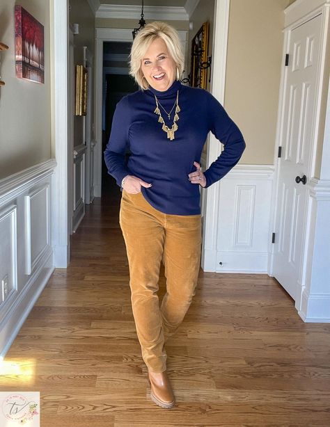 Gold Corduroy Pants Outfit, Navy Blue And Gold Outfit, Corduroy Pants Outfit Fall, Fall Fashion Women Over 40, Fall Outfits Women Over 50 Classy, Tania Stephens, Turtleneck Outfits, Navy Turtleneck, Corduroy Pants Outfit