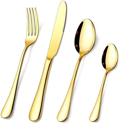 Gold Cutlery Set, OGORI 24-Piece Mirror Polished Gold Unique Wooden Box Design for Gift, Stainless Steel Flatware Set, Silverware Set with Spoon Knife and Fork Set, Service for 6 : Amazon.co.uk: Home & Kitchen Box Mirror, Gold Silverware, Gold Cutlery Set, Gold Cutlery, Gold Flatware, Spoon Knife, Kitchen Utensil Set, Cutlery Sets, Stainless Steel Cutlery