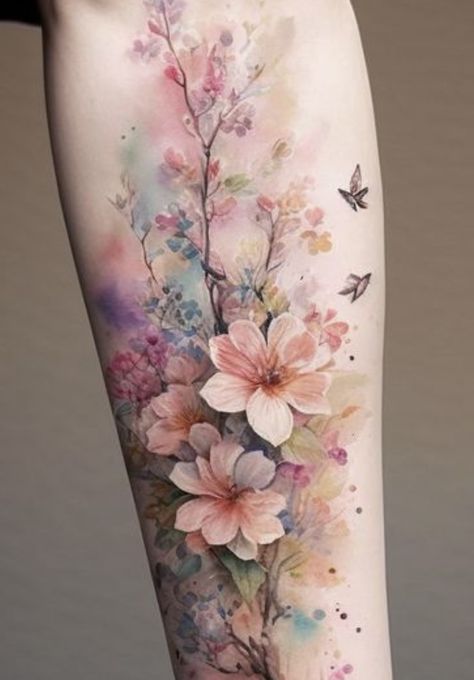 Colorful Spiritual Tattoos, Pastel Tattoos For Women, Watercolour Floral Tattoo, Fine Line Watercolor Tattoo, Feminine Half Sleeve Tattoo Forearm, Pastel Tattoo Ideas, Flower Tattoos With Color, Color Flower Tattoos For Women, Pelvis Tattoos Women