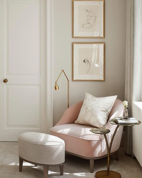 Bedroom Reading Corner, Dusty Pink Bedroom, Pink Armchair, Armchair Bedroom, Cottage Room, Pink Living Room, Fine Living, Home Goods Decor, Dreamy Room