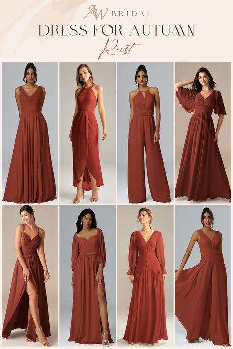 Perfect for autumn and winter weddings, these dresses bring warmth and elegance to your bridal party. 🍁 #BridesmaidDresses #Rust #FallWeddings Winter Bridesmaid Dresses Rust, Bridesmaid Dress Beach, Rust Bridesmaid Dresses, Dresses For Autumn, Rust Bridesmaid Dress, Winter Bridesmaids, Winter Bridesmaid Dresses, Red Bridesmaid, Beach Bridesmaid Dresses