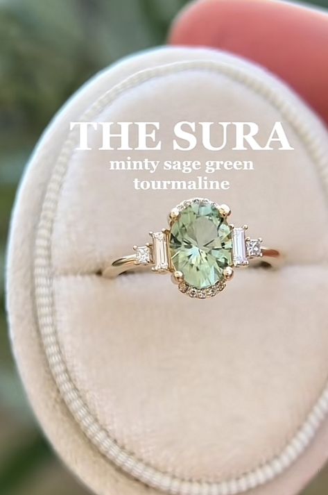 Engagement Rings With Green Stones, Wedding Rings Sage Green, Engagement Rings Gold And Green, Engagement Ring With Green Accents, Pale Green Engagement Ring, Green Engagement Ring Gold, Sage Green Engagement Ring, Light Green Engagement Ring, Green Engagement Ring